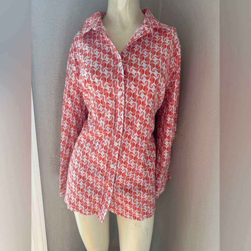 Chico's No-Iron button-down blouse, seahorse pattern, orange, size 12 (2)
